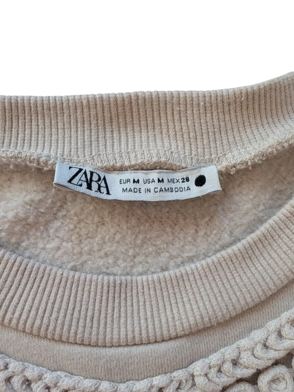 Zara Macrame' Beige Crochet Yoke Boho Pullover Sweatshirt